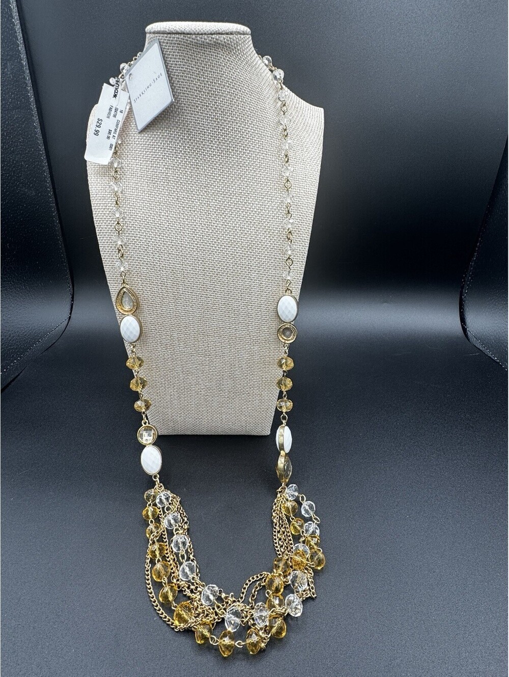 Sparkling Sage Gold Tone Beaded Statement Necklace White Amber Crystal Multi